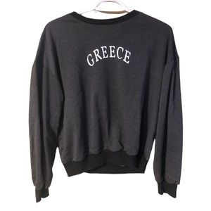 Greece Drop Shoulder Letter Graphic Pullover Crewneck Sweater Black Gray White